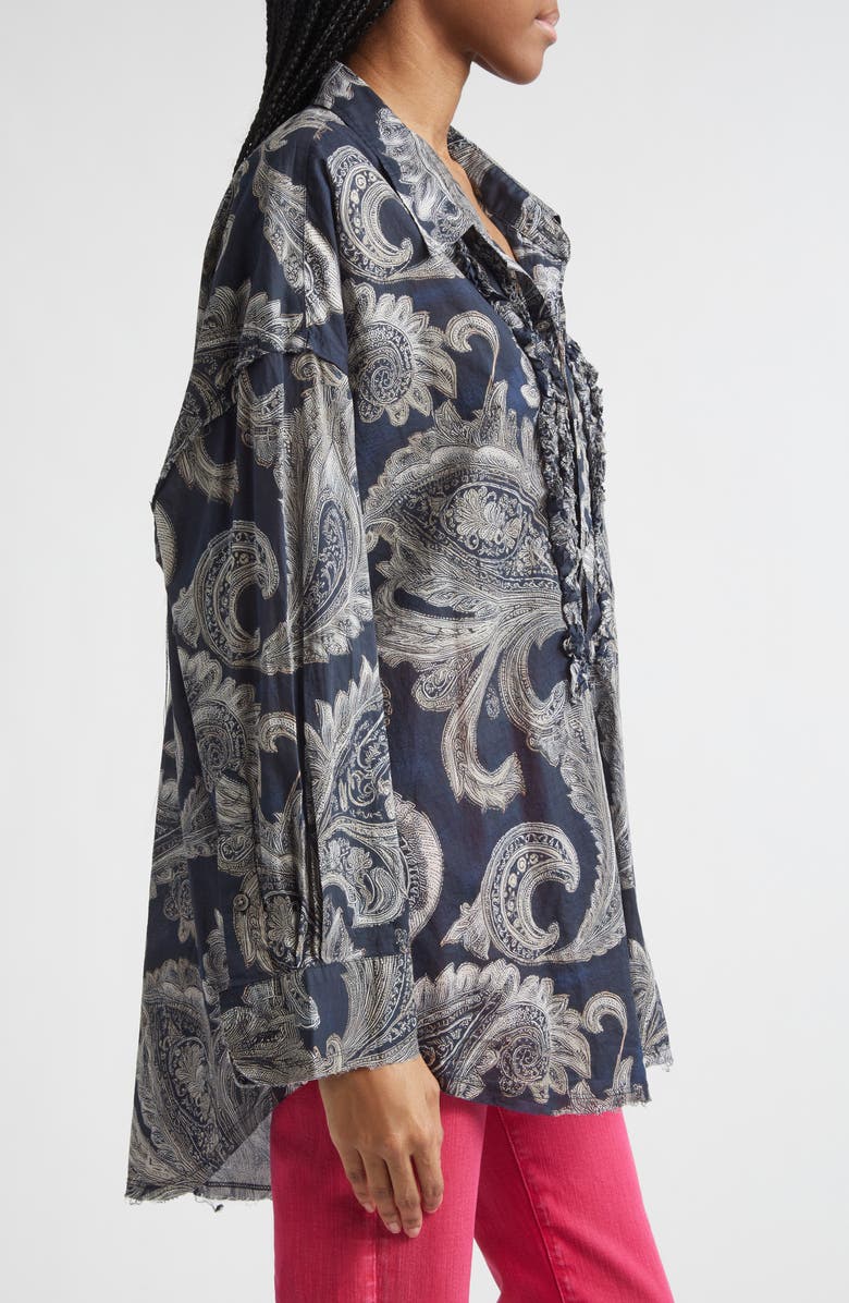 R13 Shredded Seam Ruffle Paisley Print Button-Up Shirt, Alternate, color, Black Paisley Multi Print