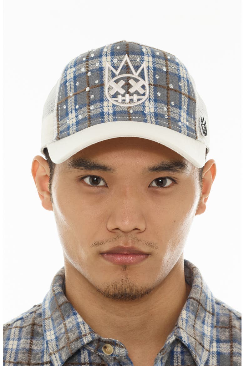 Shimuchan Logo Plaid Flannel Trucker Hat, Alternate, color, BLUE PLAID