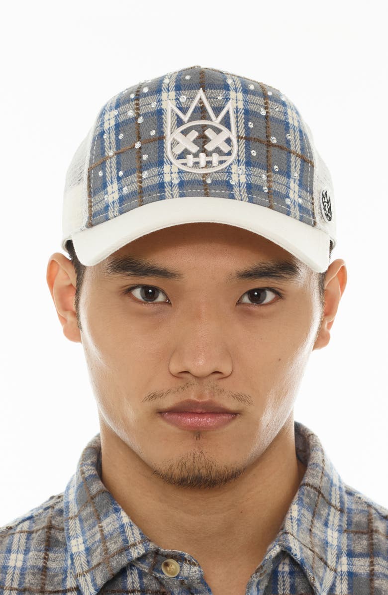 Cult of Individuality Shimuchan Logo Plaid Flannel Trucker Hat, Alternate, color, Blue Plaid