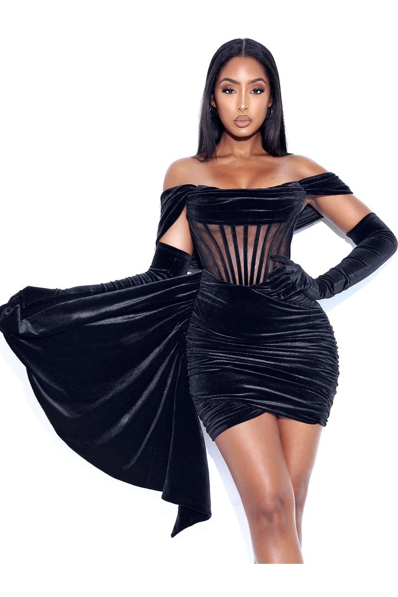 Irisa Draping Off Shoulder Corset Dress, Alternate, color, Black