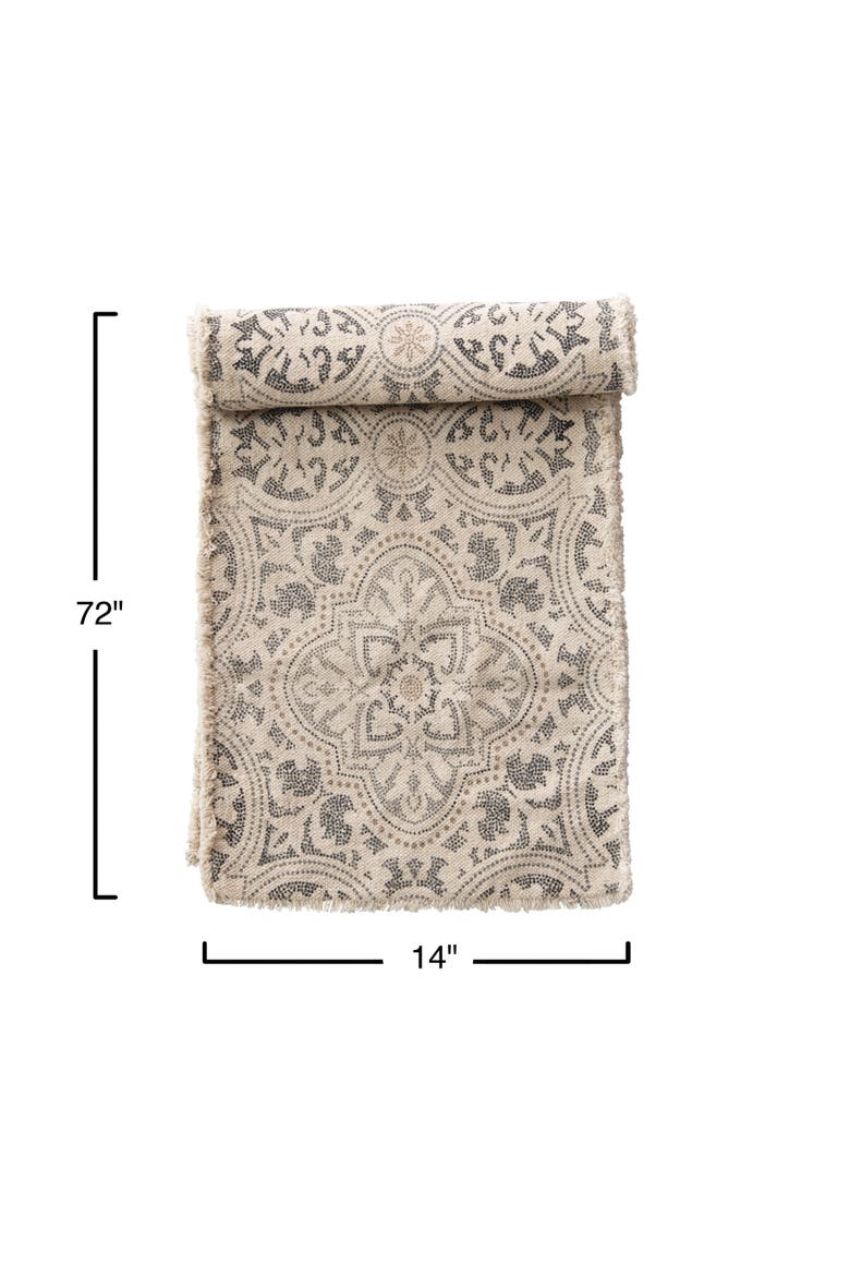 Grey and Cream Cotton Printed Table Runner with Frayed Edge, Alternate, color, Grey