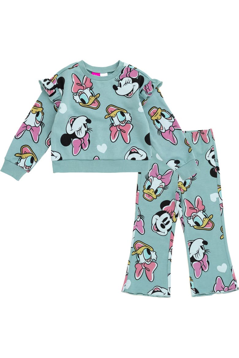 Minnie Mouse Fleece Sweatshirt and Flare Leggings Set, Main, color, Teal Minnie Daisy