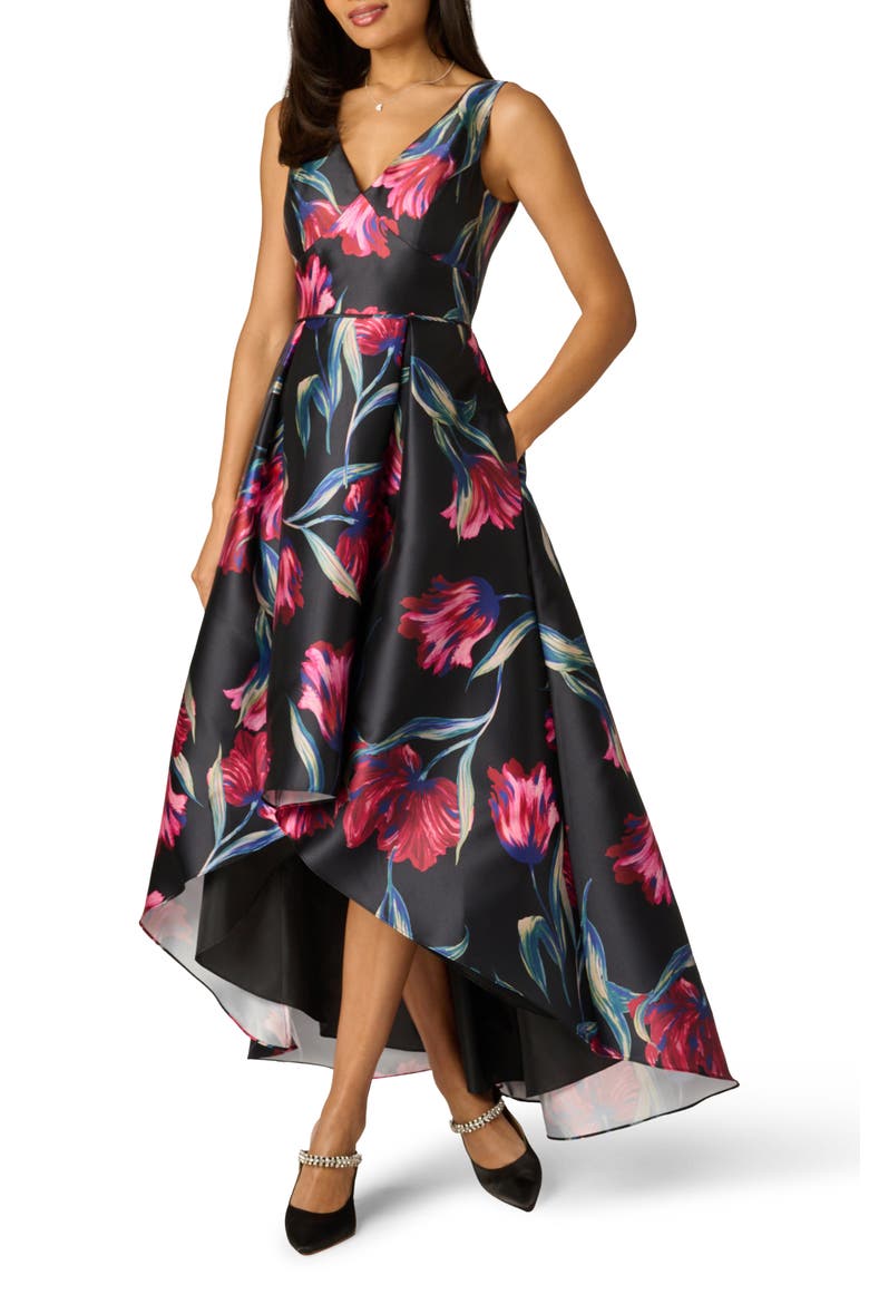 Floral Print Mikado High/Low Gown, Main, color, BLACK MULTI