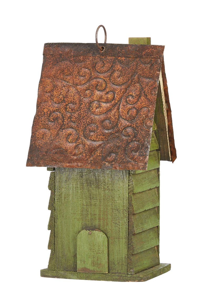 12"H Retro Distressed Painted Solid Wood Cottage Birdhouse, Alternate, color, Green