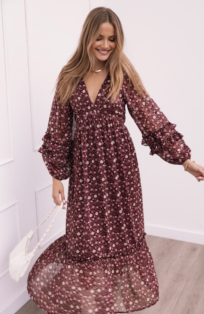 Petal & Pup Evian Floral Print Long Sleeve Maxi Dress, Alternate, color, Burgundy Multi