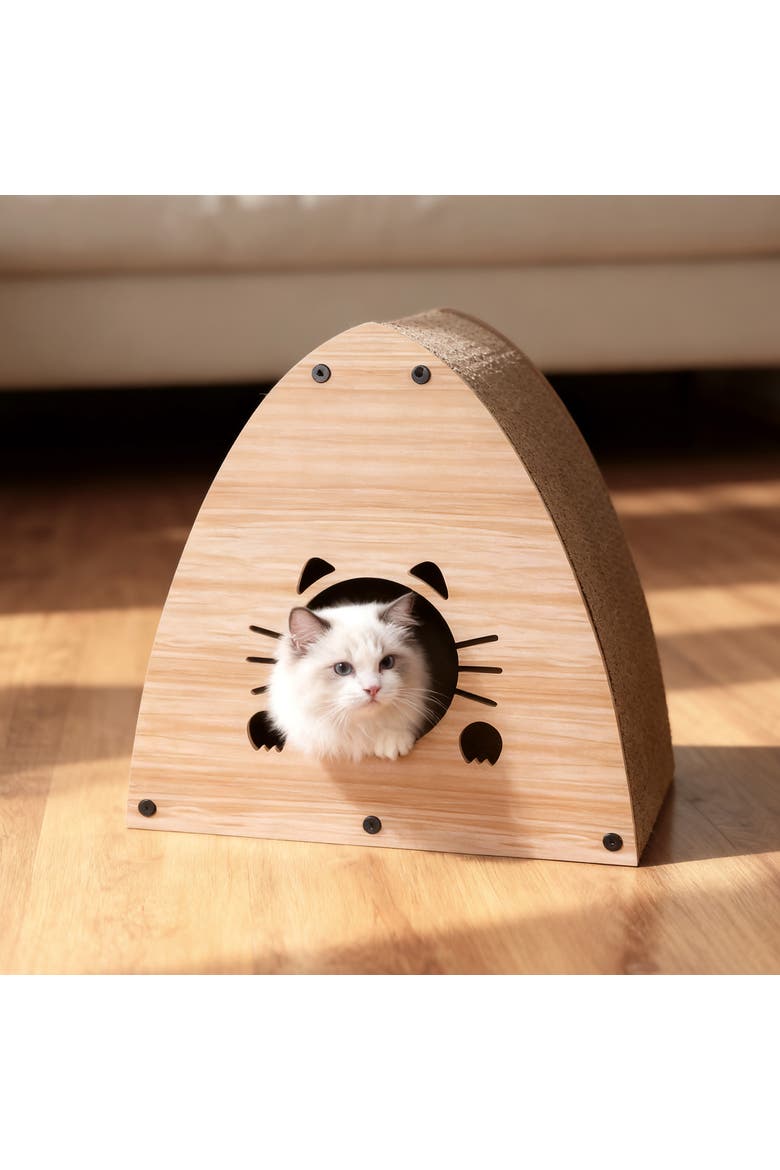 Koko Cardboard Triangle Cat Cave Scratcher with Catnip, Alternate, color, Brown Wood Grain Finish