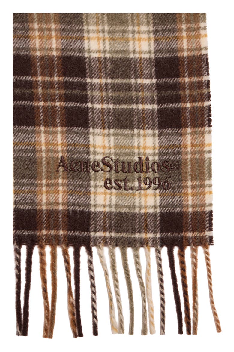 Canada Check Recycled Cashmere Blend Fringe Scarf, Alternate, color, DARK BROWN/ KHAKI GREEN