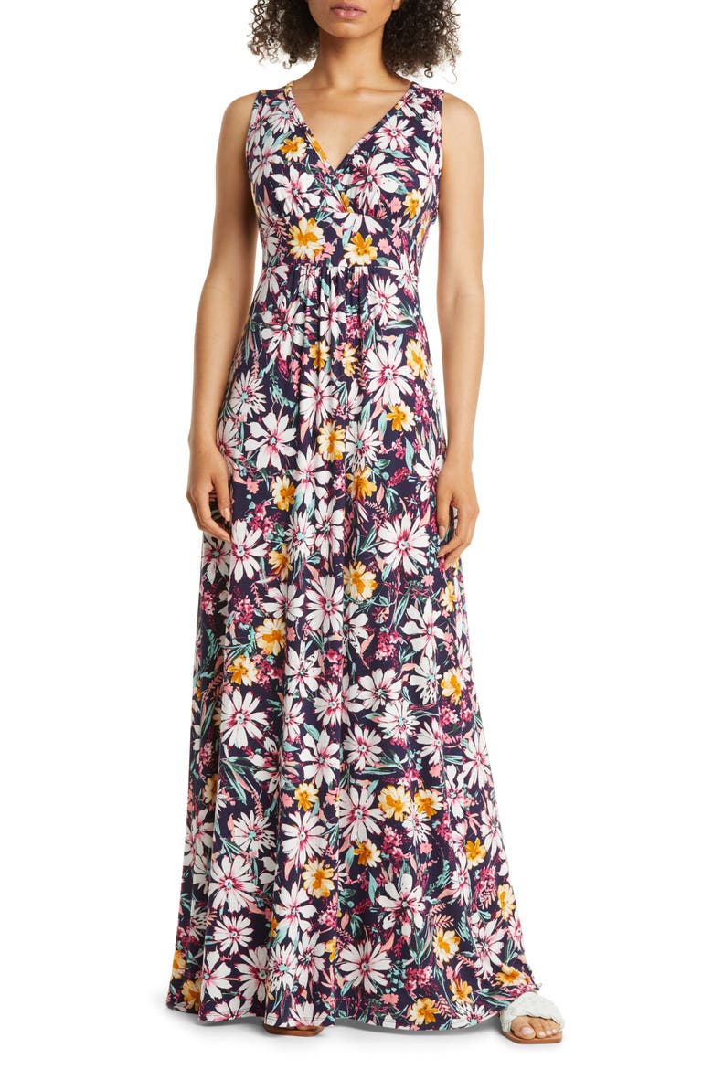 Floral Print Empire Waist Jersey Maxi Dress, Main, color, NAVY MULTI