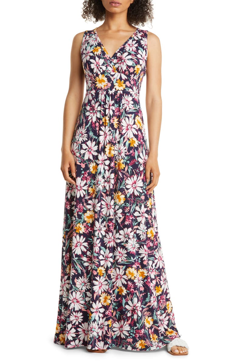 Loveappella Floral Print Empire Waist Jersey Maxi Dress, Main, color, Navy Multi