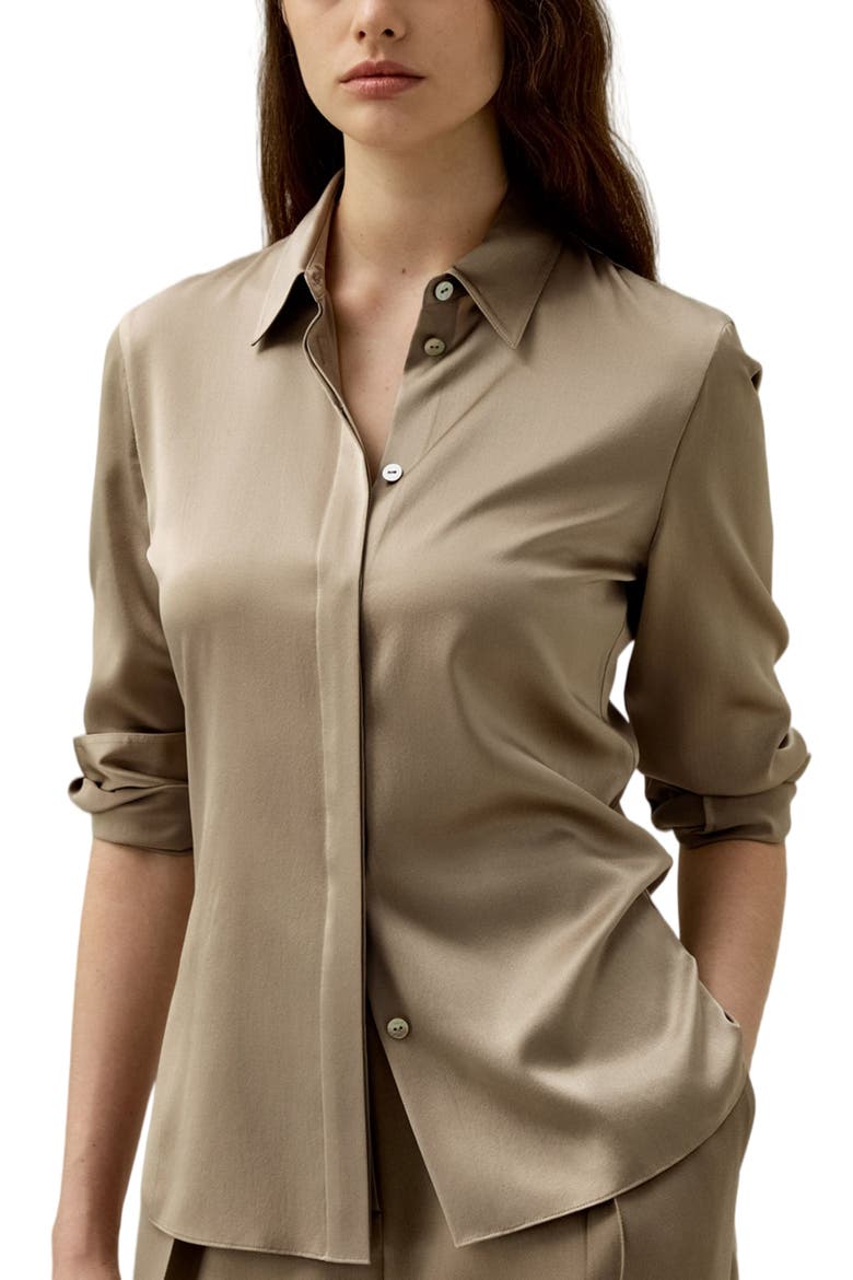 Women's Elegant Silhouette Slim Fit Silk Shirt, Main, color, Camel