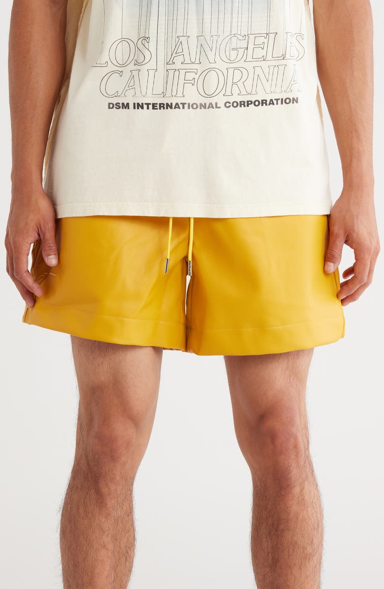 DIET STARTS MONDAY Script Faux Leather Drawstring Shorts, Main, color, Yellow