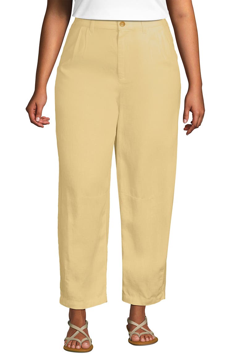 Plus Size Linen High Rise Pleated Barrel Leg Ankle Pants, Main, color, Pale Sunbeam Yellow