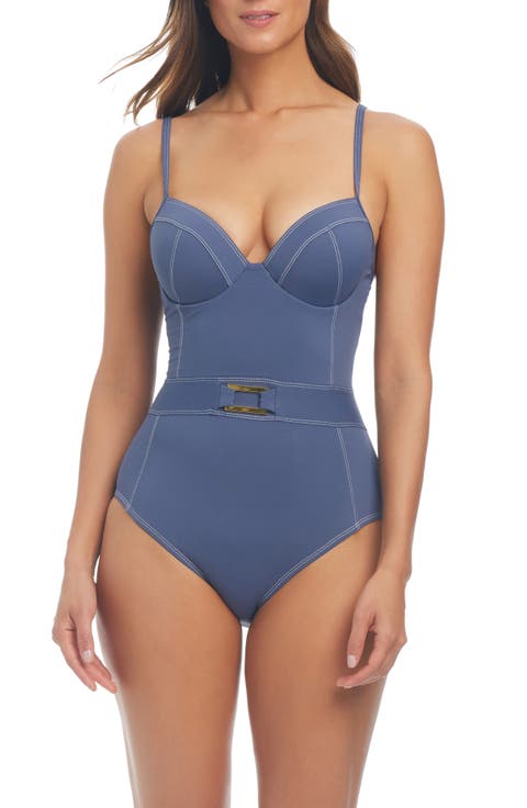 Vince Camuto Tropic Tones Belted Plunge One Piece Swimsuit