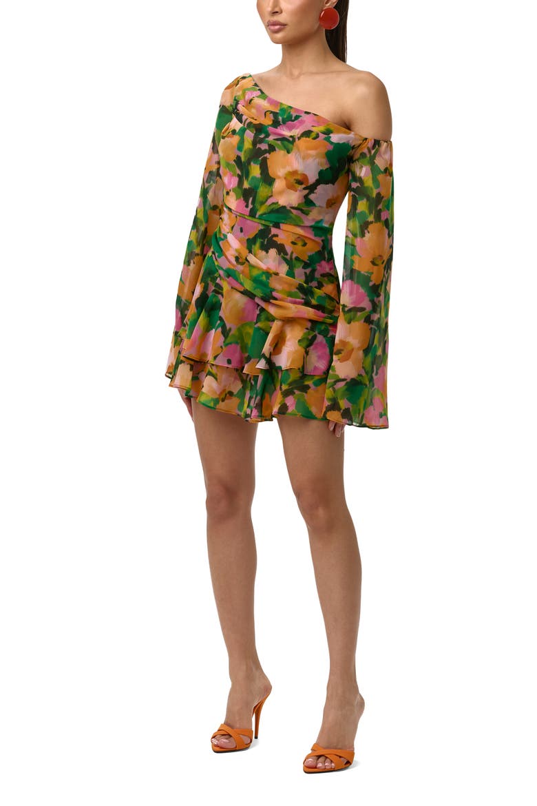 Ruffle Print One-Shoulder Long Sleeve Minidress, Alternate, color, SECRET GARDEN