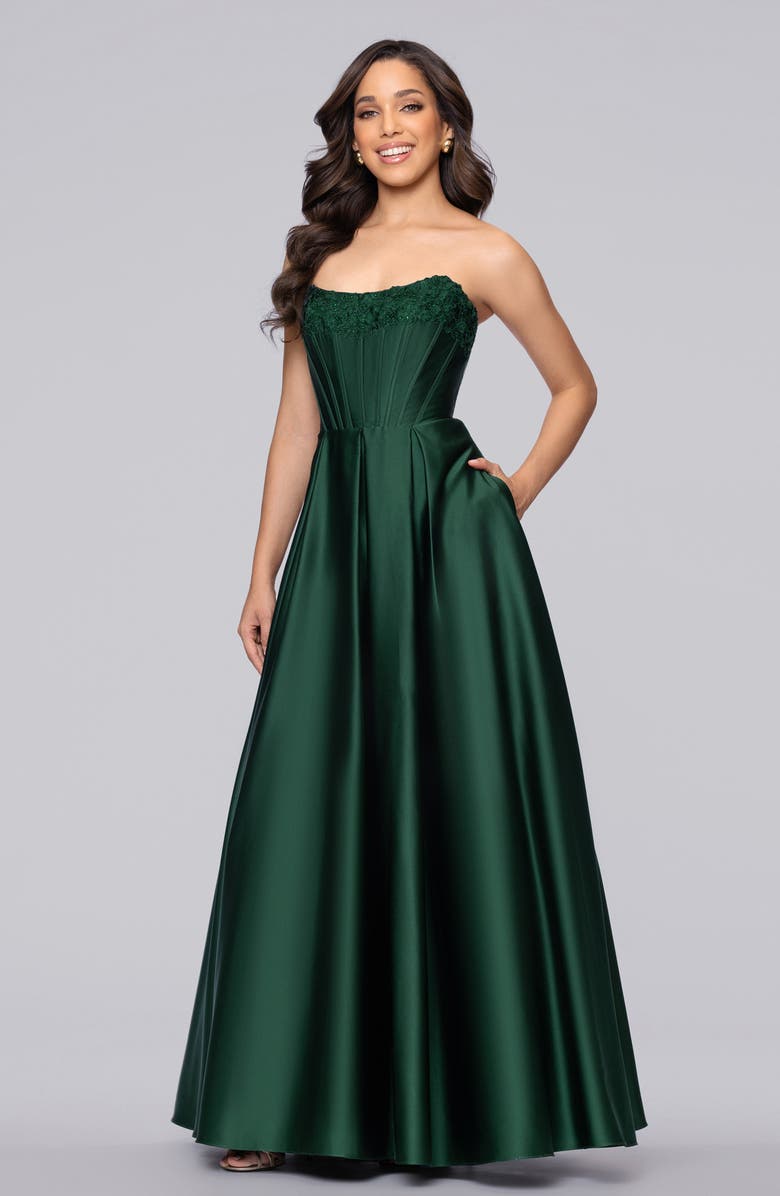 Blondie Nites Lam Corset Strapless Satin Gown, Alternate, color,