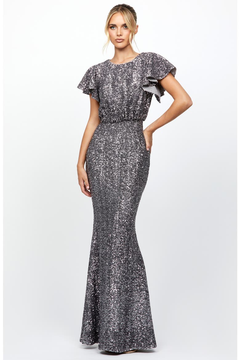 Teresa Flutter Sleeve Gown, Alternate, color, CHARCOAL