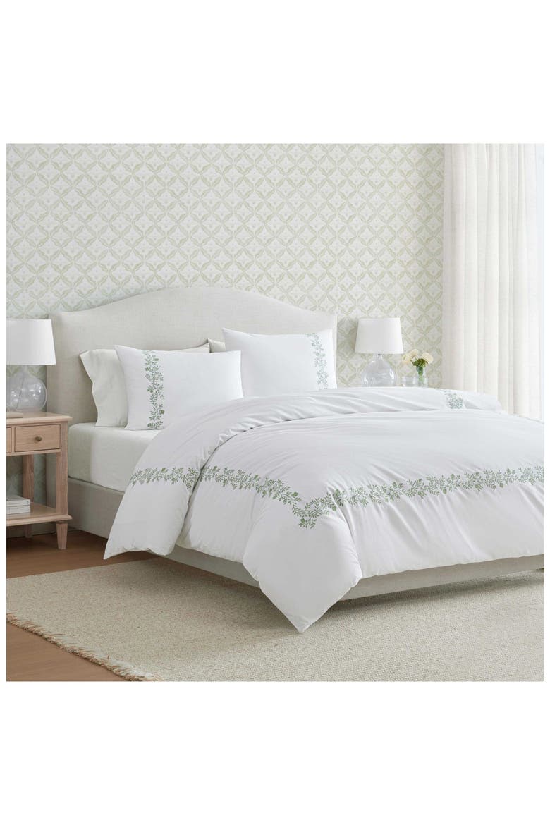 Garden Path Embroidery Cotton Duvet Set, Alternate, color, WHITE/ VINE GREEN