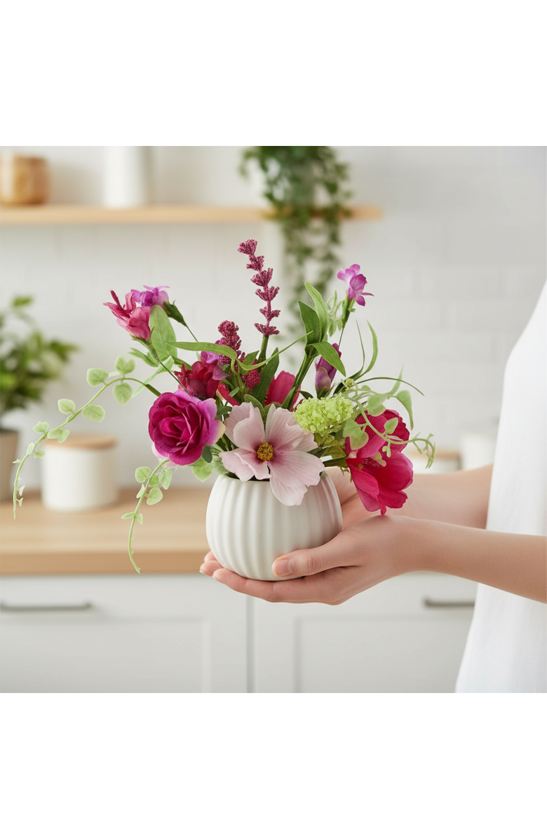 Transpac Season's Designs Artificial Flower Arrangement, 8" Pink Spring Flower Bowl, Modern, Tabletop, Living Room, Plastic, Pink Green, Indoor Decoration, Spring, Alternate, color, Multicolored