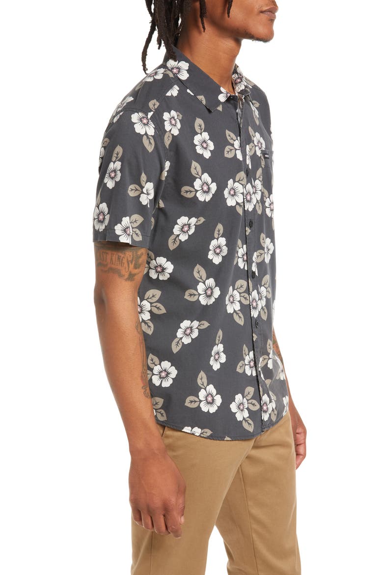 Botanical Short Sleeve Button-Up Shirt, Alternate, color, BLACK