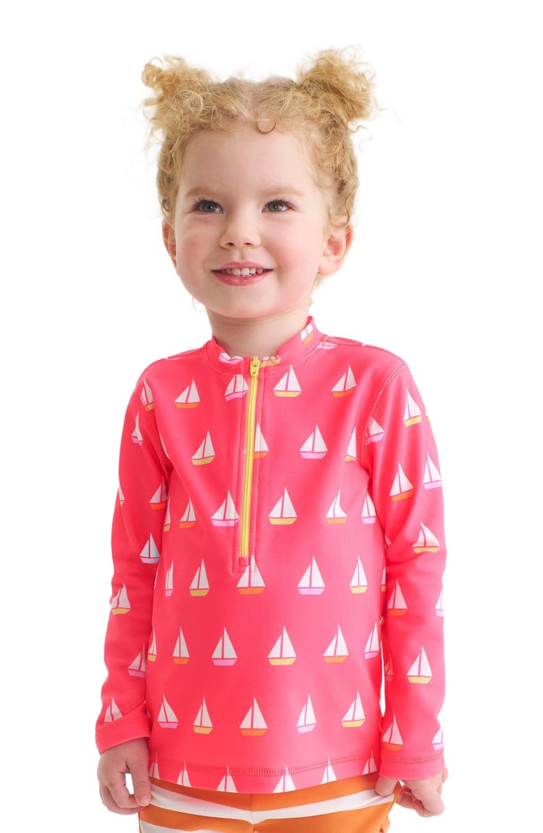 Primary Kids Half-Zip Rash Guard, Alternate, color, Bright Azalea Sailboats