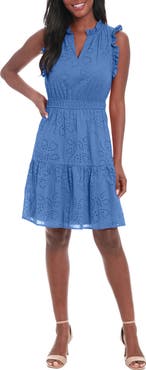 London Times Split Neck Ruffle Eyelet Dress
