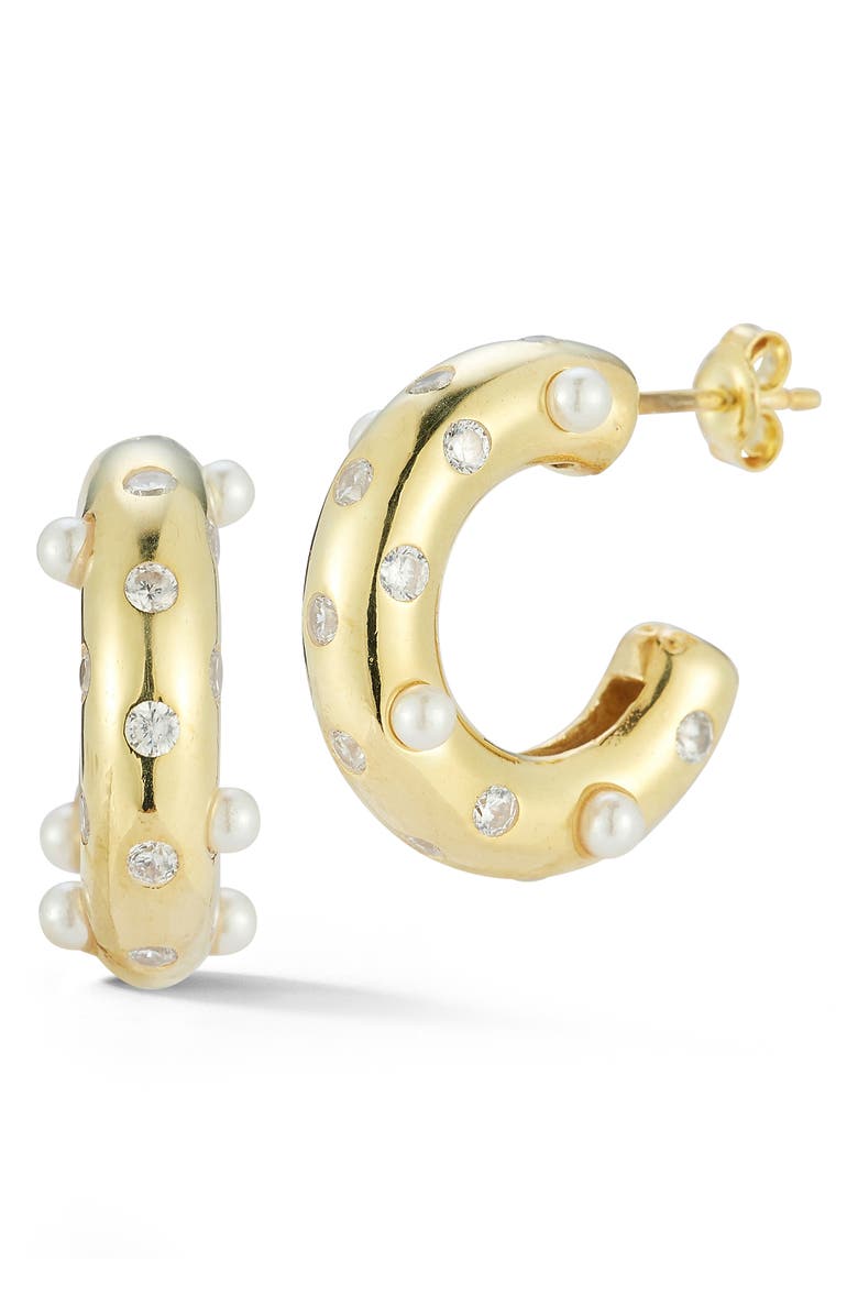 SPHERA MILANO Cultured Freshwater Pearl Hoop Earrings, Main, color, Gold