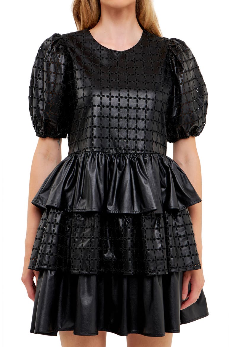 Eyelet Tiered Faux Leather Minidress, Alternate, color, BLACK