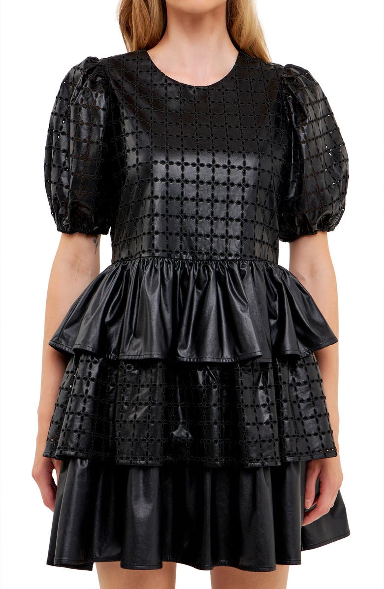 English Factory Eyelet Tiered Faux Leather Minidress, Alternate, color, Black