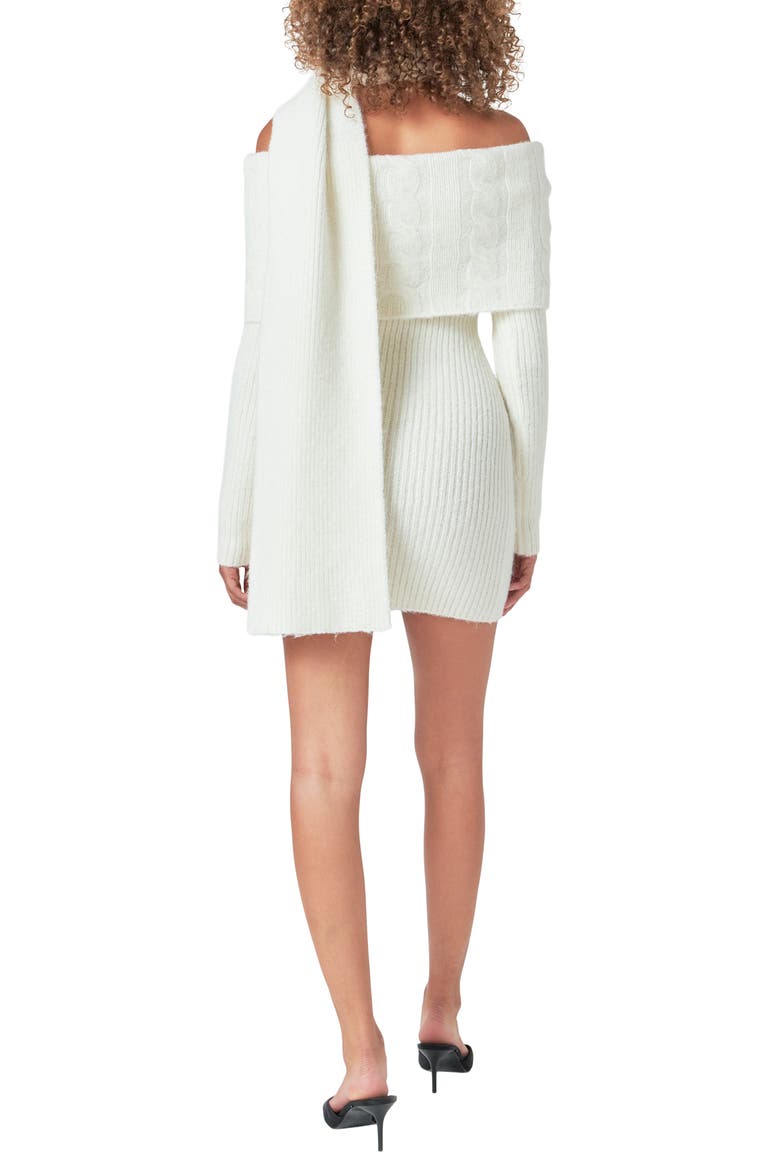 Off the Shoulder Long Sleeve Cable Stitch Sweater Dress with Tie, Alternate, color, IVORY