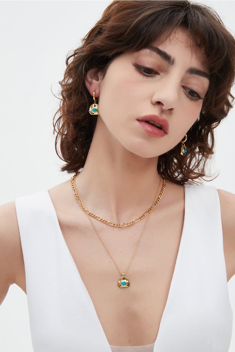 Aria Gemstone Pendant Necklace and Figaro Chain Layering Set, Alternate, color, Gold/Sky Blue