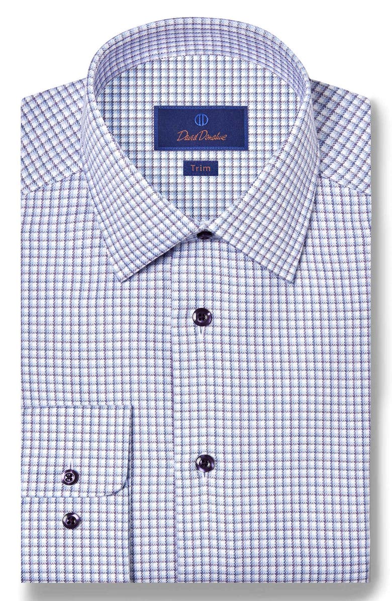 David Donahue Trim Fit Herringbone Check Dress Shirt, Main, color, Blue/ Purple