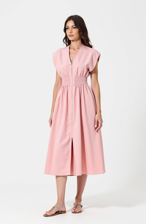 Cap Sleeve Midi Dress with Smocked Waist Front Zip and Side Pockets