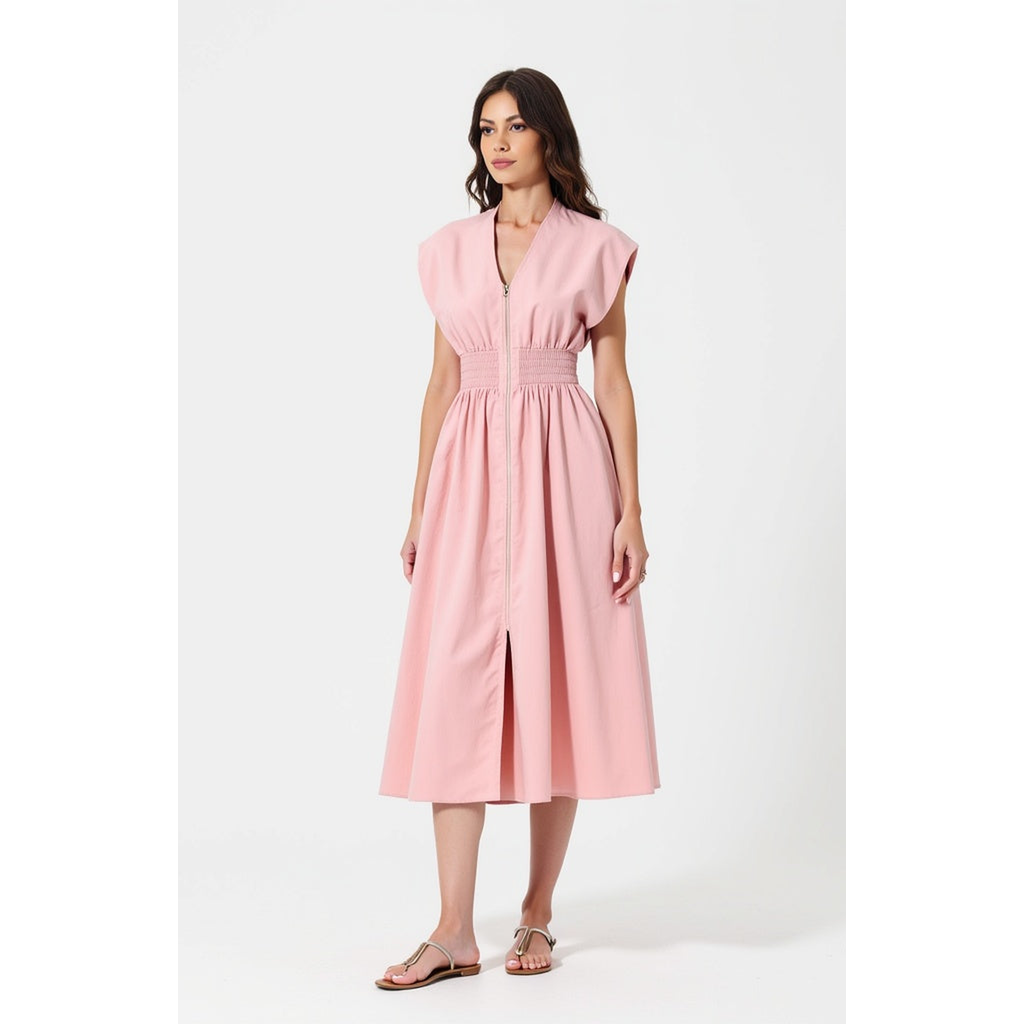 Modenaire Cap Sleeve Midi Dress With Smocked Waist Front Zip And Side Pockets In Pink