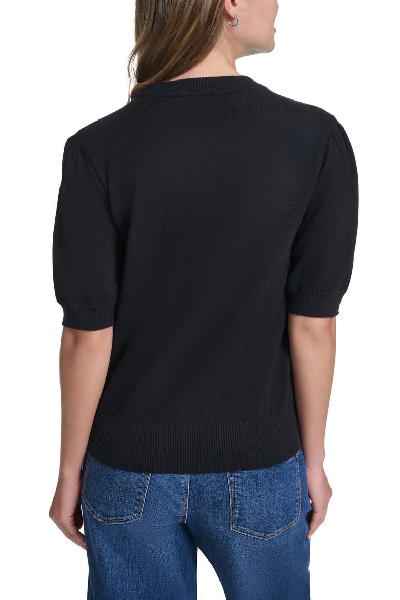 Floral Stitch Short Sleeve Cotton Blend Sweater, Alternate, color, BLACK/ SOFT WHITE