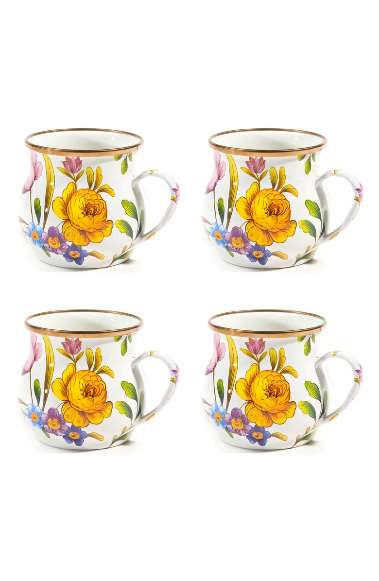 MACKENZIE CHILDS Flower Market Set of 4 Enameled Steel Mugs, Main, color, White Multi