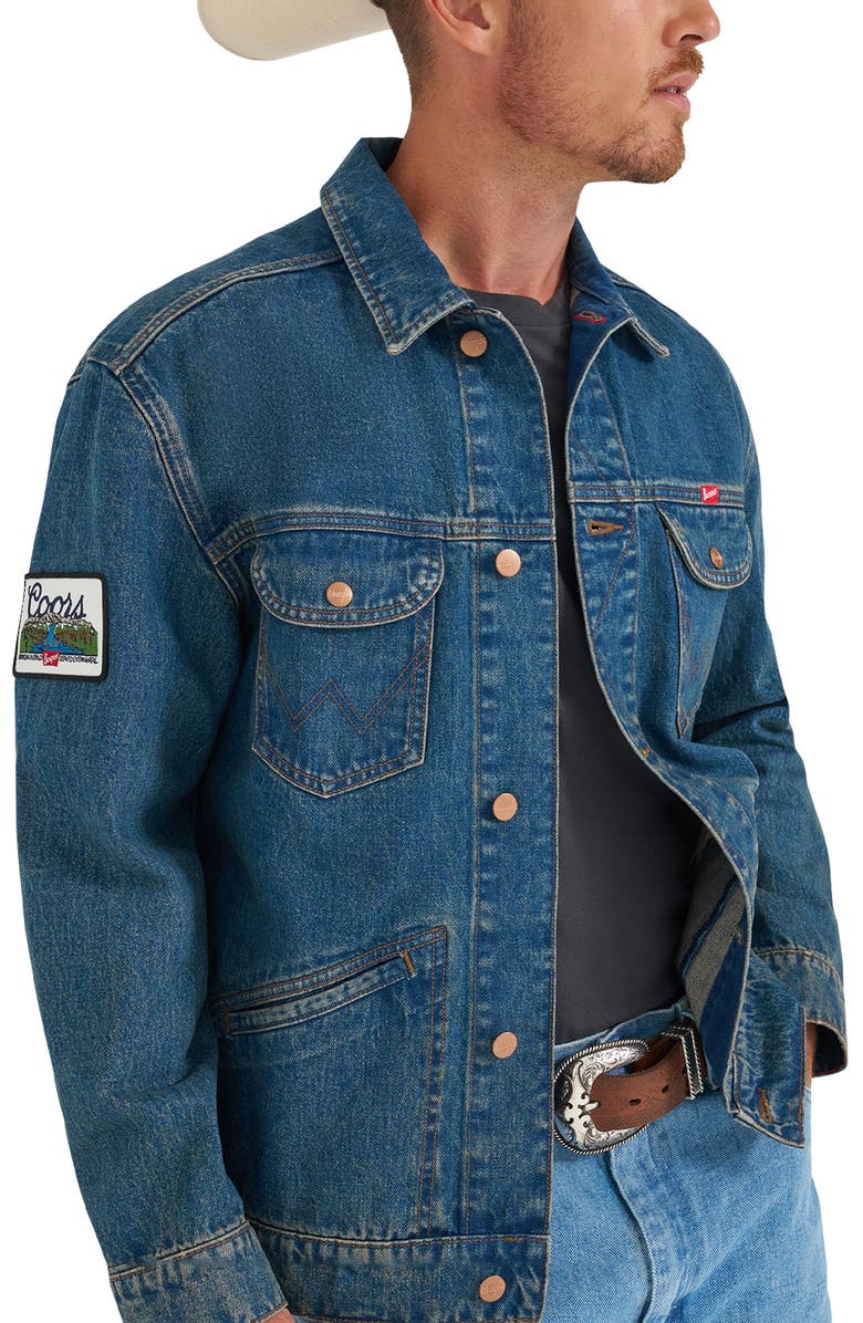 Wrangler Logo Patch Denim Trucker Jacket, Alternate, color, Indigo Buff