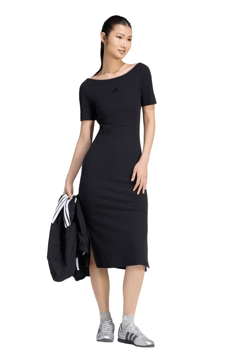 Rib Short Sleeve Midi Dress, Alternate, color, BLACK