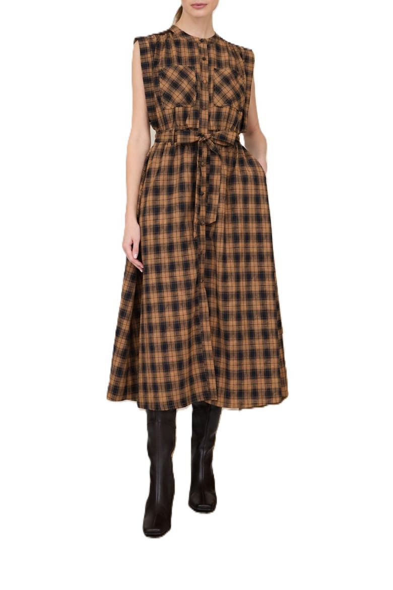 Plaid Sleeveless Tie Waist Midi Dress, Main, color, BROWN PLAID