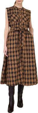 ZOE AND CLAIRE Plaid Sleeveless Tie Waist Midi Dress