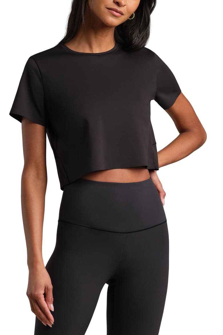 Serene Crop Performance T-Shirt, Main, color, BLACK