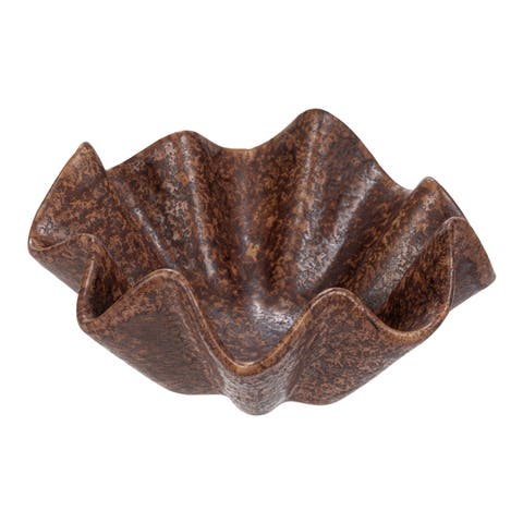 Round Stoneware Ruffled Bowl with Reactive Glaze, Brown