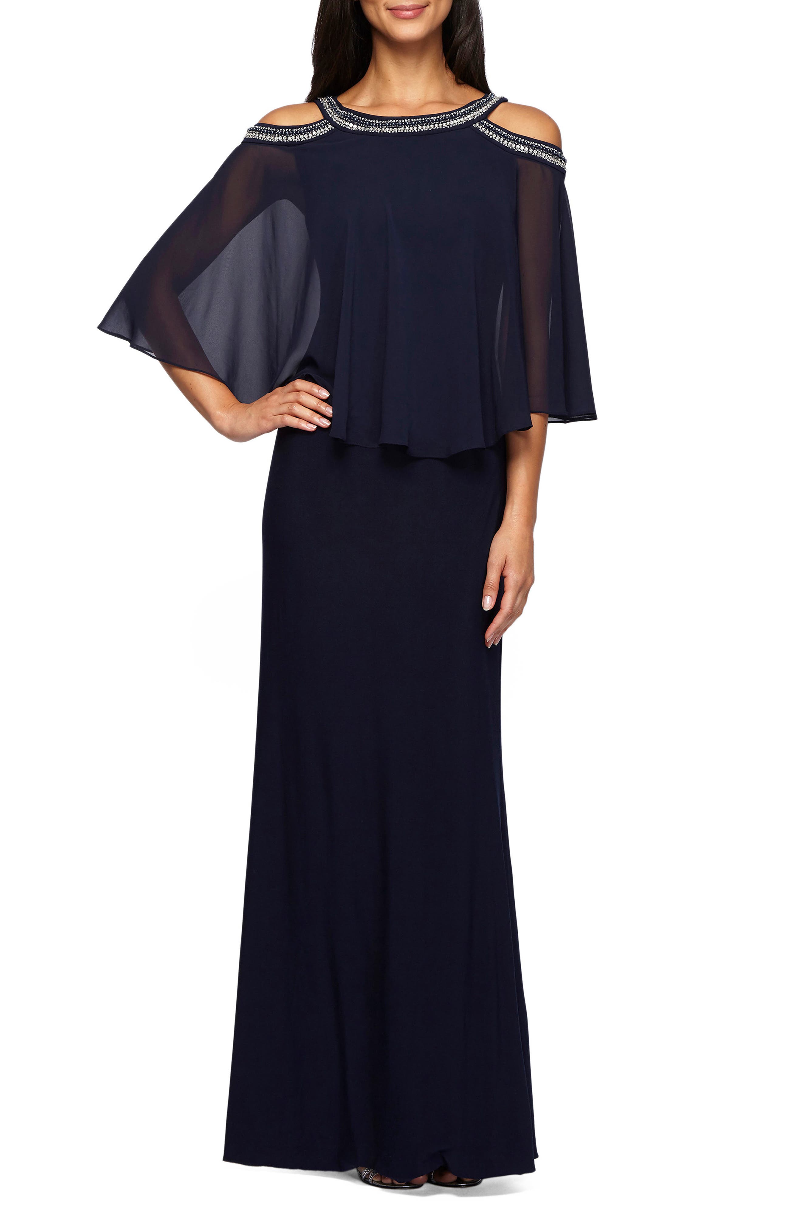 Alex Evenings Embellished Cold Shoulder Popover Formal Gown in Navy 