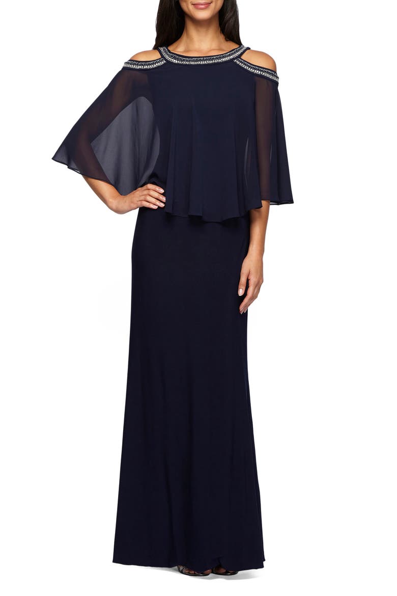 Embellished Cold Shoulder Popover Formal Gown, Main, color, NAVY