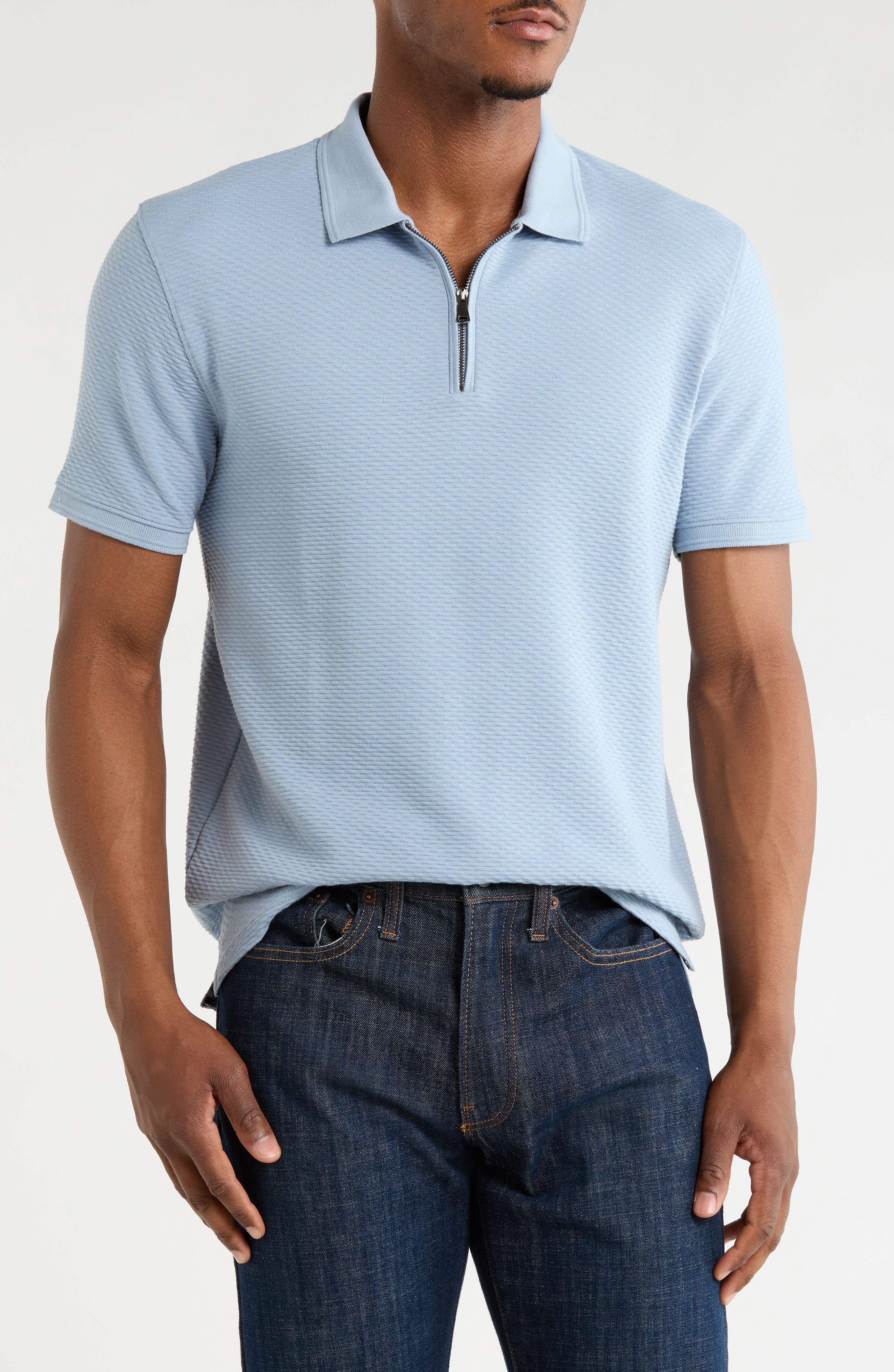 DENIM AND FLOWER Textured Cotton Blend Quarter Zip Polo