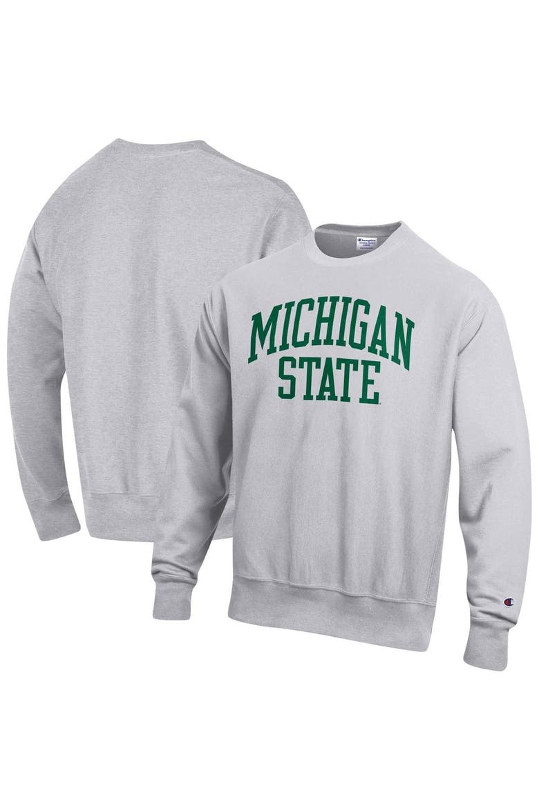 Men's Champion Heathered Gray Michigan State Spartans Arch Reverse Weave Pullover Sweatshirt, Alternate, color, Heather Gray