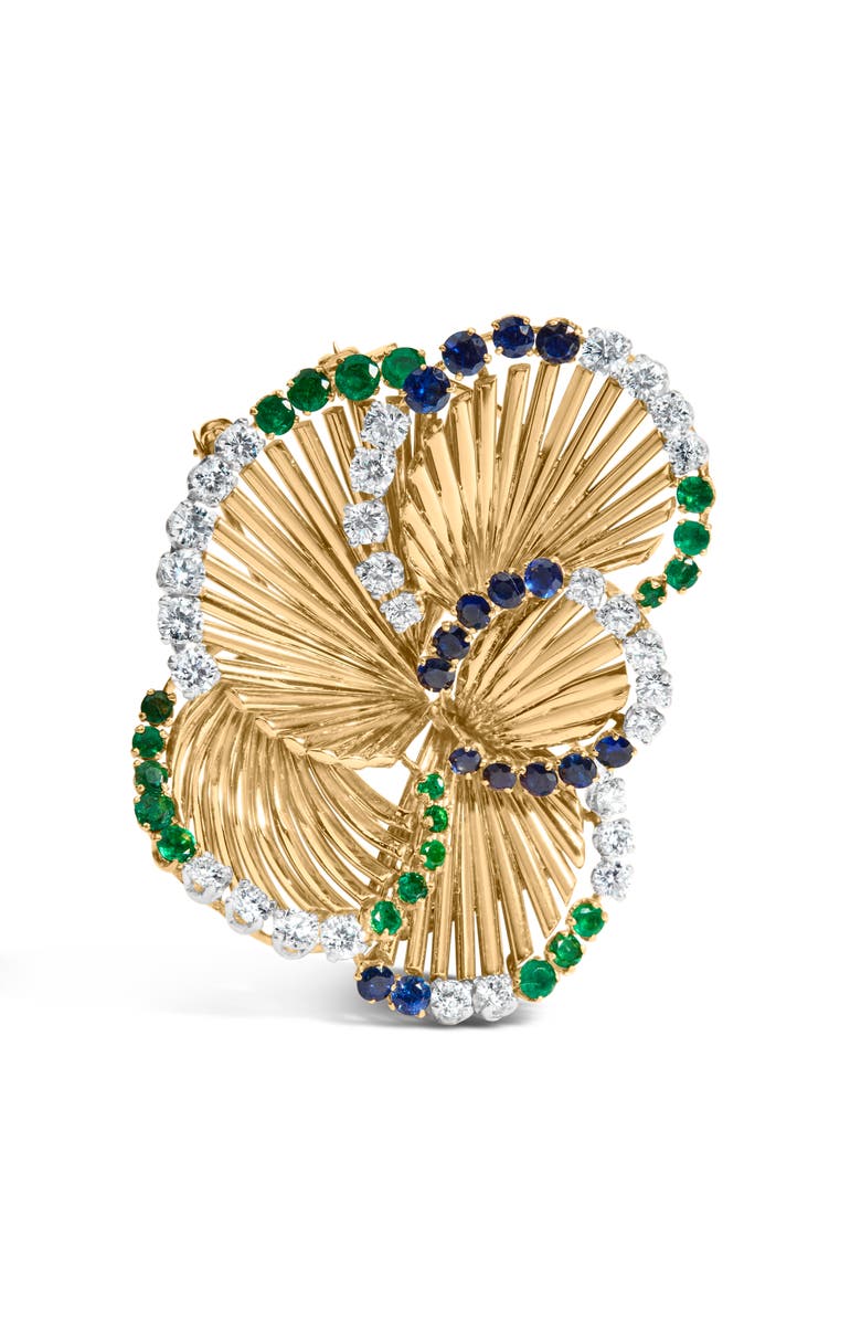 Haus of Brilliance 18K Yellow Gold 2 1/3 Cttw Diamond, Sapphire, and Emerald Sculpted Petal Brooch Pin, Main, color, Yellow