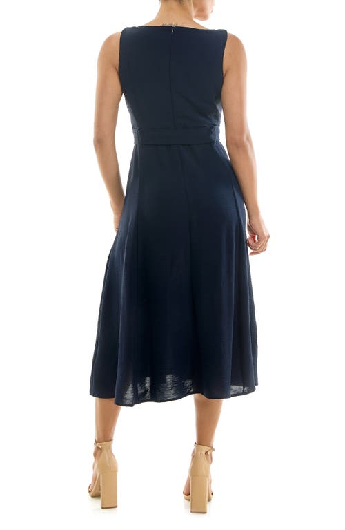 Nina Leonard Square Neck Sleeveless Belted Midi Dress