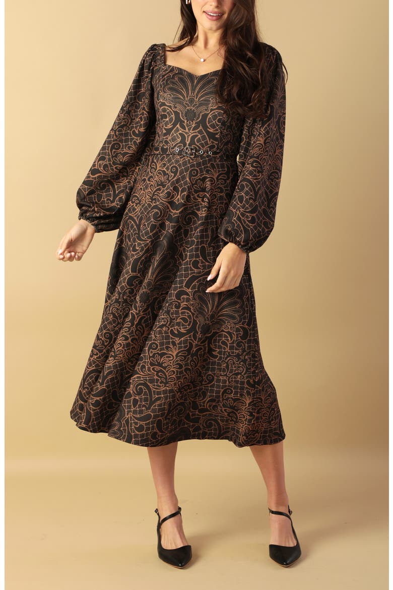 Long Sleeve Belted Midi Dress, Alternate, color, BROWN