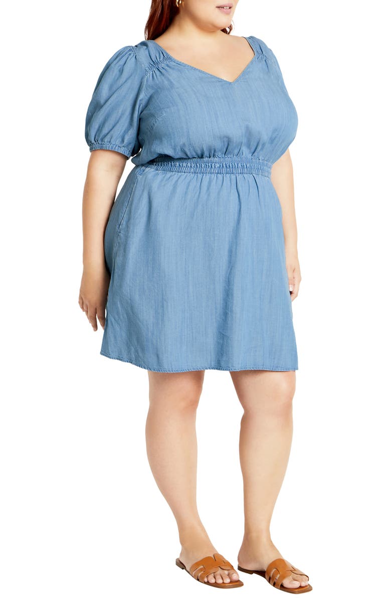 City Chic Emma Puff Sleeve Chambray Minidress, Alternate, color, 