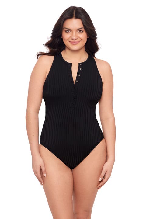 Ribbed High Neck Snap Front One Piece Swimsuit